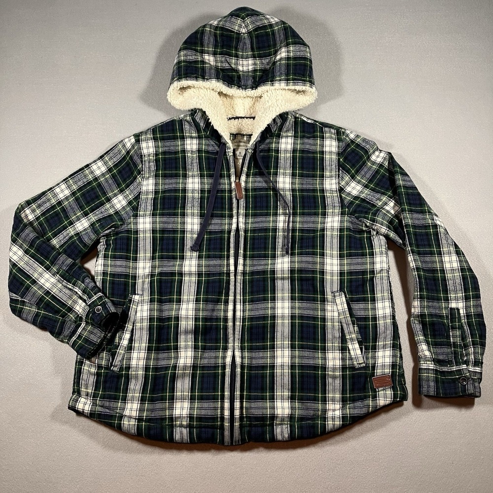LL Bean Women Relaxed Fit Sherpa Lined Flannel Shirt Jacket Plaid Green M Petite